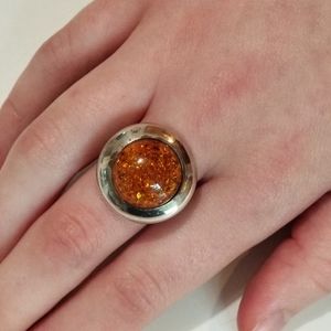 Modernist silver and amber ring large round domed stone